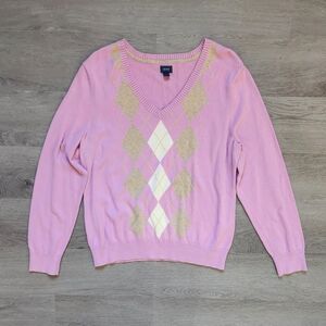 IZOD Women's Vintage Purple Argyle V-Neck Long Sleeve Pullover Sweater X-Large